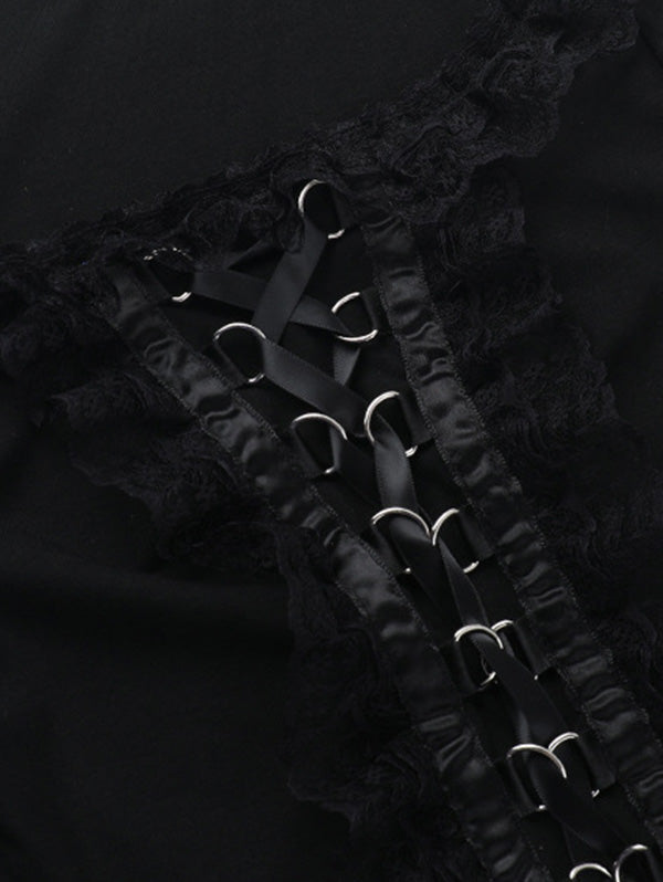Gothic Lace Trim Tie-Front Long Sleeve Top
