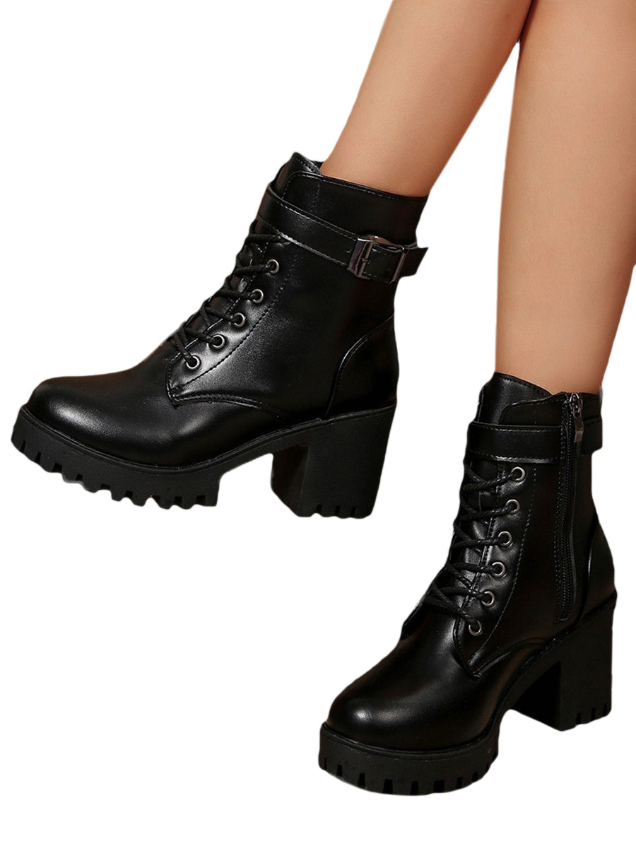 Lace Up Side Zipper Solid Color Boots Chunky Heel Buckle Strap Martin Boots