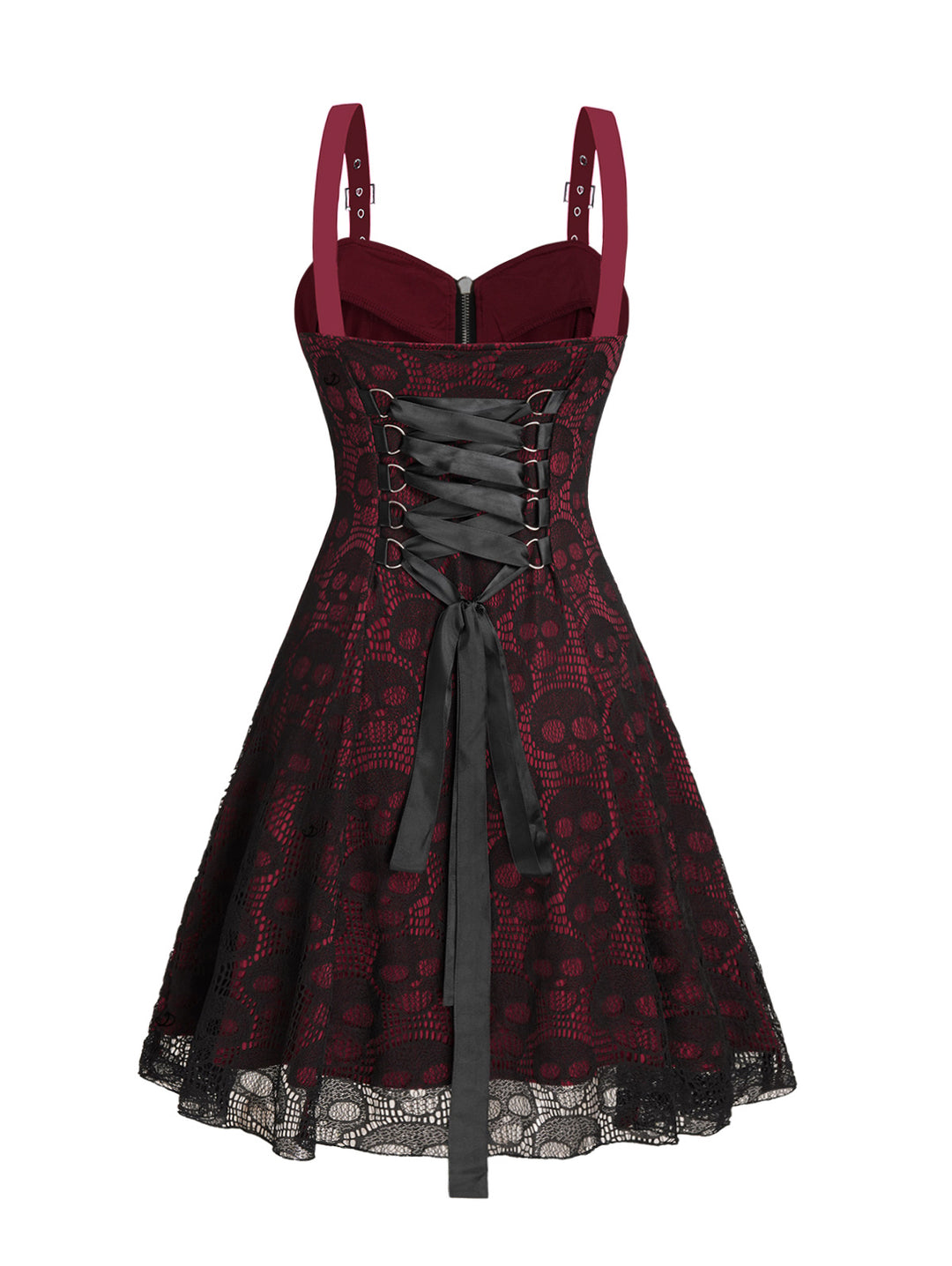 Gothic Rose&Skull Print Lace Half Zipper Buckle Strap A Line Mini Dress