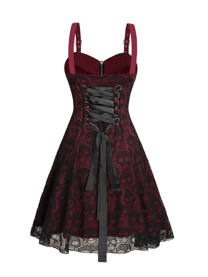 Gothic Rose&Skull Print Lace Half Zipper Buckle Strap A Line Mini Dress