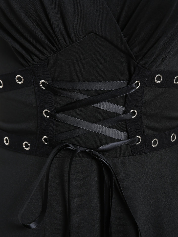 Gothic Grommet Lace Up Lace Panel High Waisted Dress