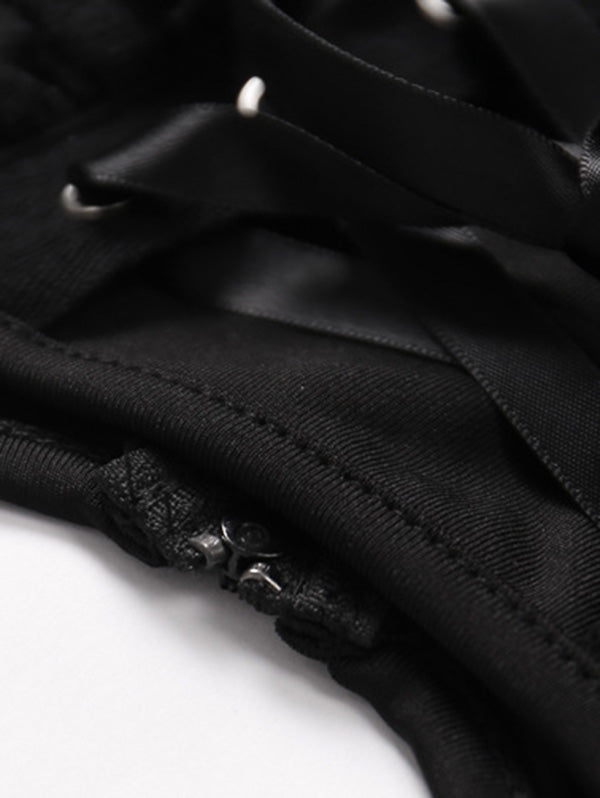 Knitted Lace Trim Square Neck Tie-Up Tank Top