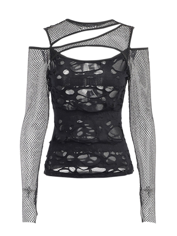 Punk Mesh See-Through Ripped Long Sleeve Blouse