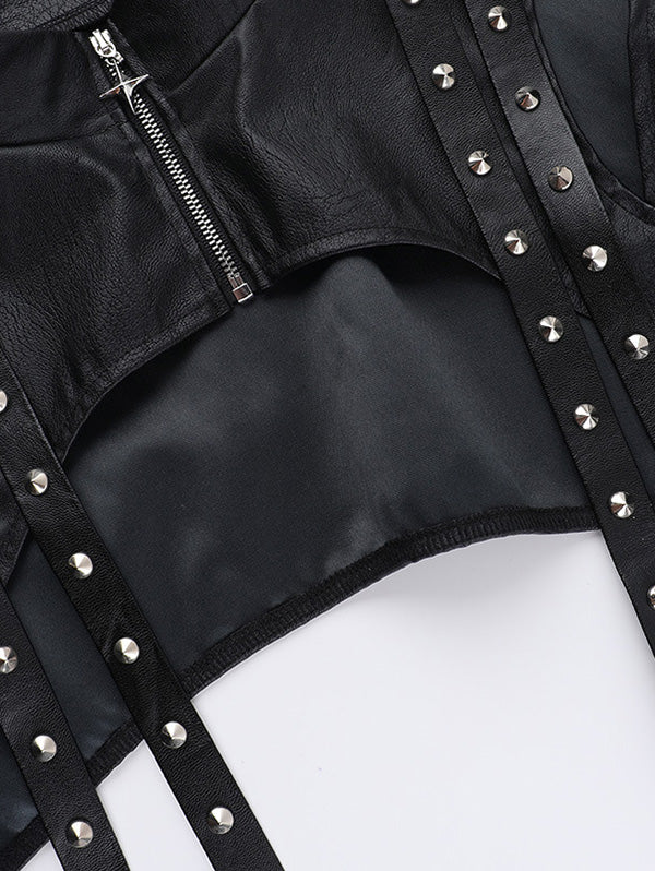 Punk Style Sexy Studded PU Long Sleeve Grommet Cover Top