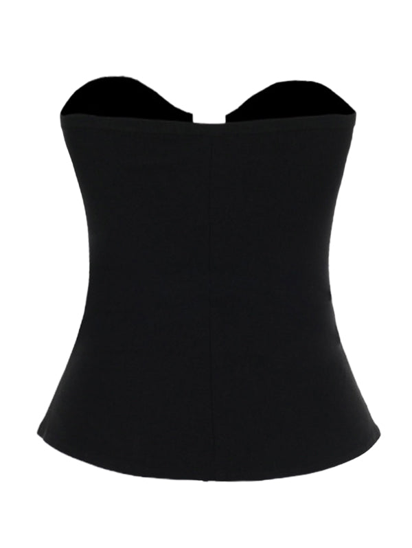 Punk Style Black Strapless Boned Bustier Top with Leather Buckles