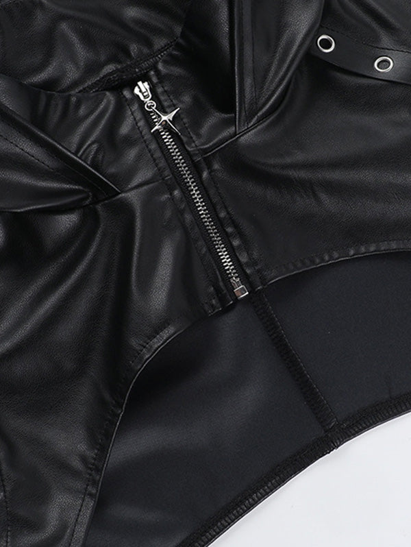 Punk Style Sexy Studded PU Grommet Sleeveless Hooded Top
