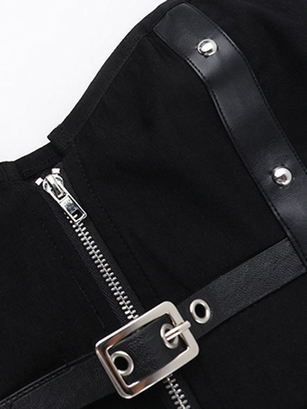 Punk Style Black Strapless Boned Bustier Top with Leather Buckles