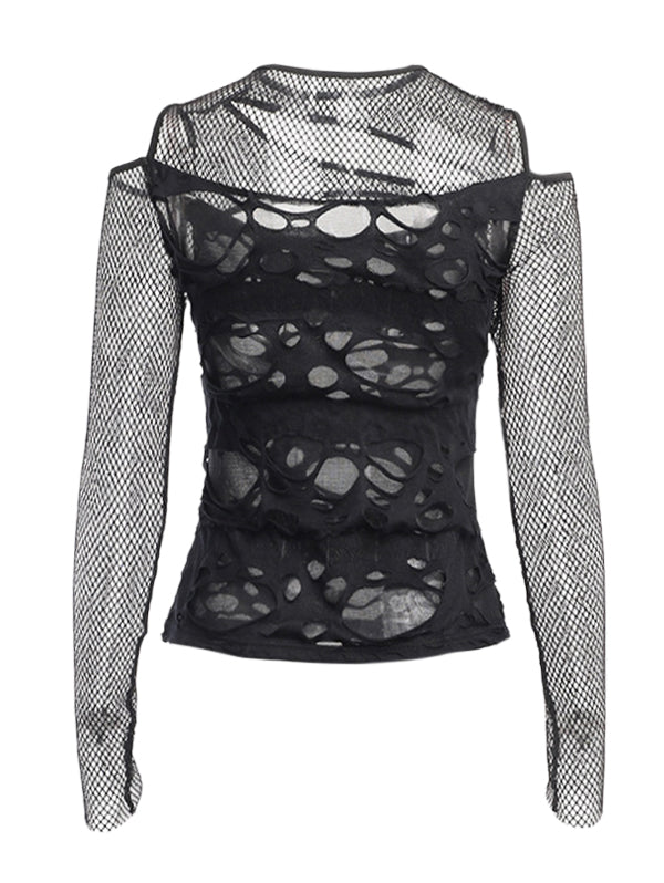 Punk Mesh See-Through Ripped Long Sleeve Blouse