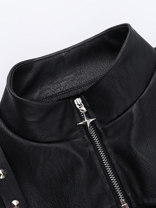 Punk Style Sexy Studded PU Long Sleeve Grommet Cover Top