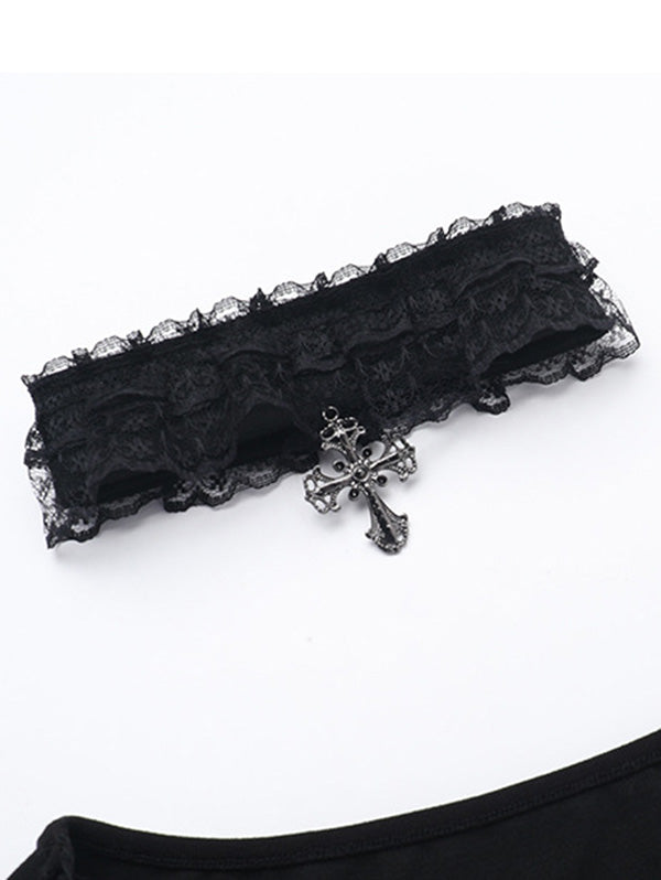 Gothic Lace Trim Tie-Front Long Sleeve Top