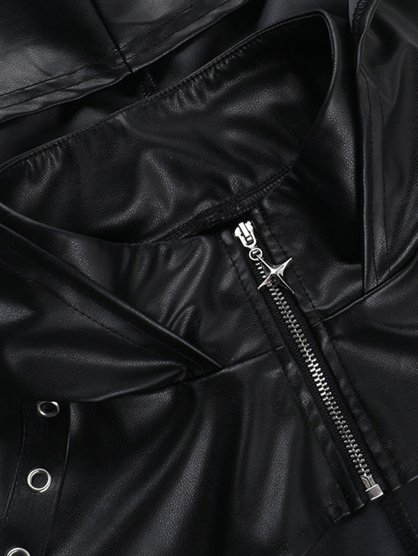 Punk Style Sexy Studded PU Grommet Sleeveless Hooded Top