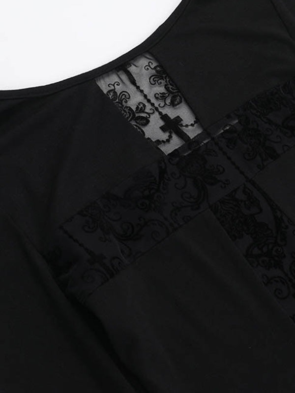 Off-Shoulder Cross Cutout Patchwork Long Sleeve Top