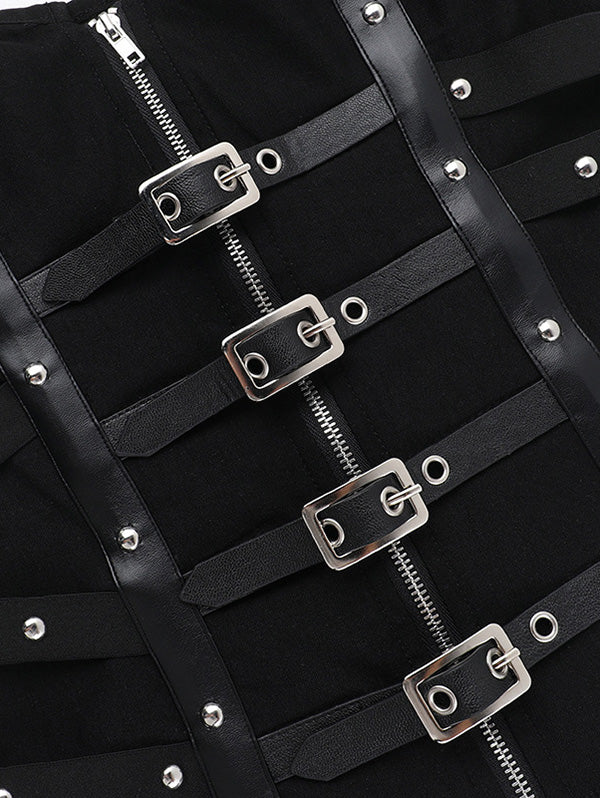 Punk Style Black Strapless Boned Bustier Top with Leather Buckles
