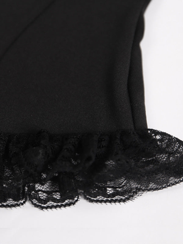 Knitted Lace Trim Square Neck Tie-Up Tank Top