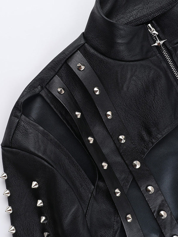 Punk Style Sexy Studded PU Long Sleeve Grommet Cover Top