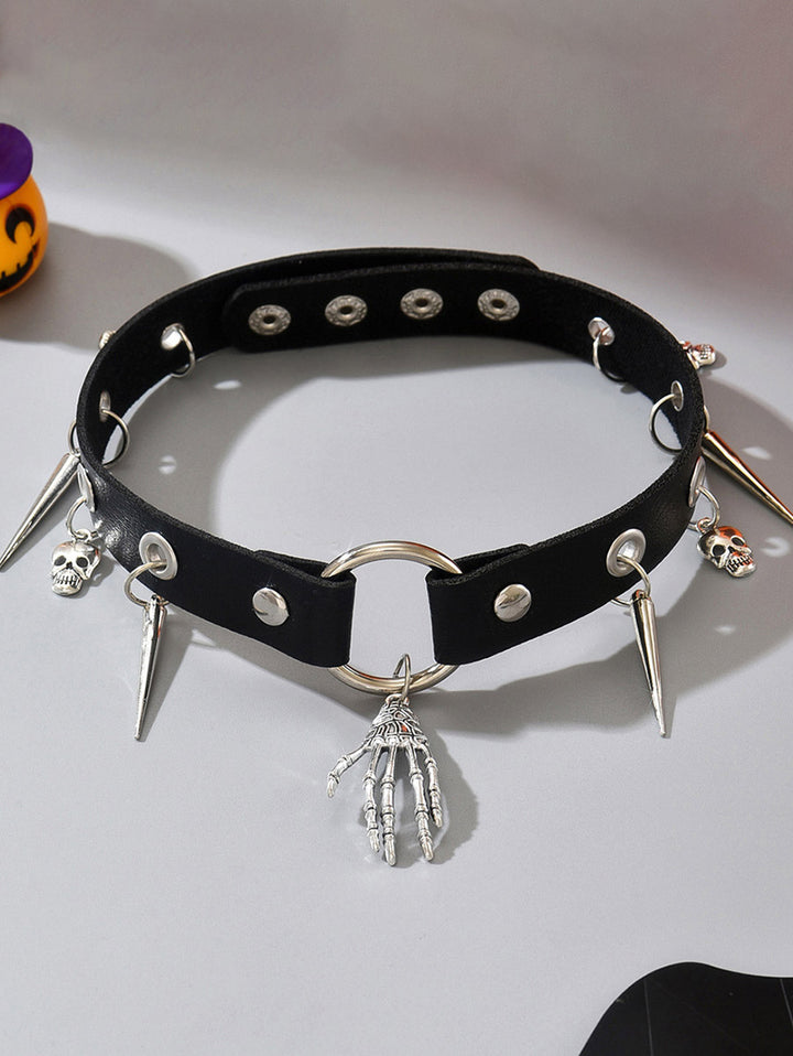 Gothic Choker Skulls Rivet Skeleton Hand Pendant Punk Necklace