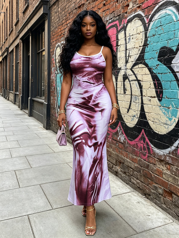 Soft Pink Burgundy Marble Fluid Print Spaghetti Strap Bodycon Mermaid Maxi Dress