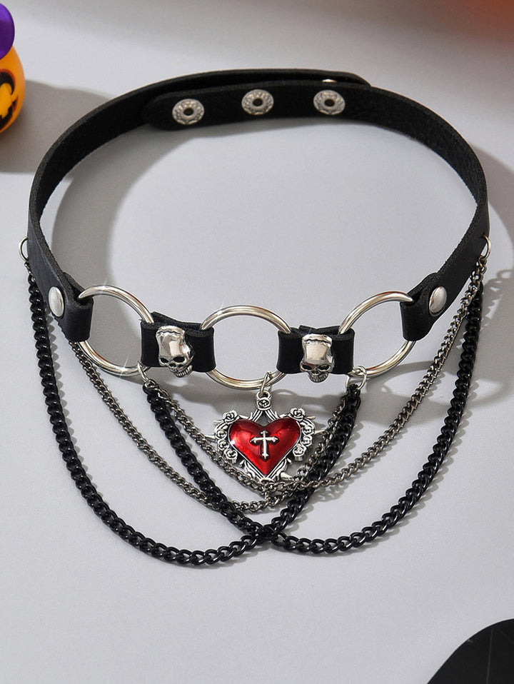 Punk Choker Skulls Cross Chain Details Gothic Necklace-Red Heart