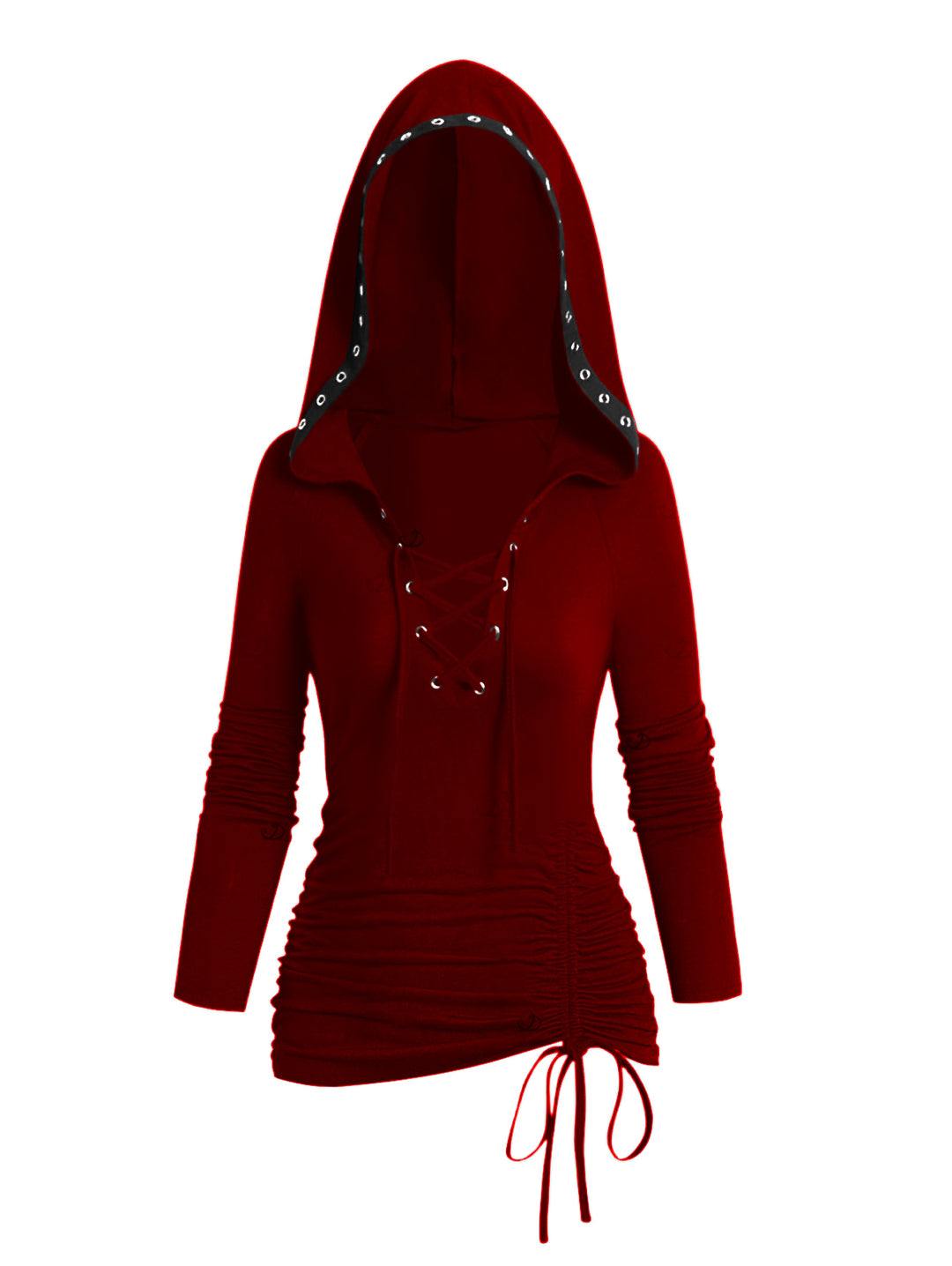 Gothic Lace Up Hoodie Grommet Cinched Long Sleeve Top-Red