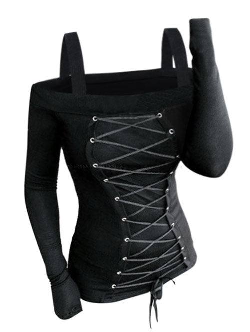 Gothic Cold Shoulder Lace-up Front Ribbed T-shirt