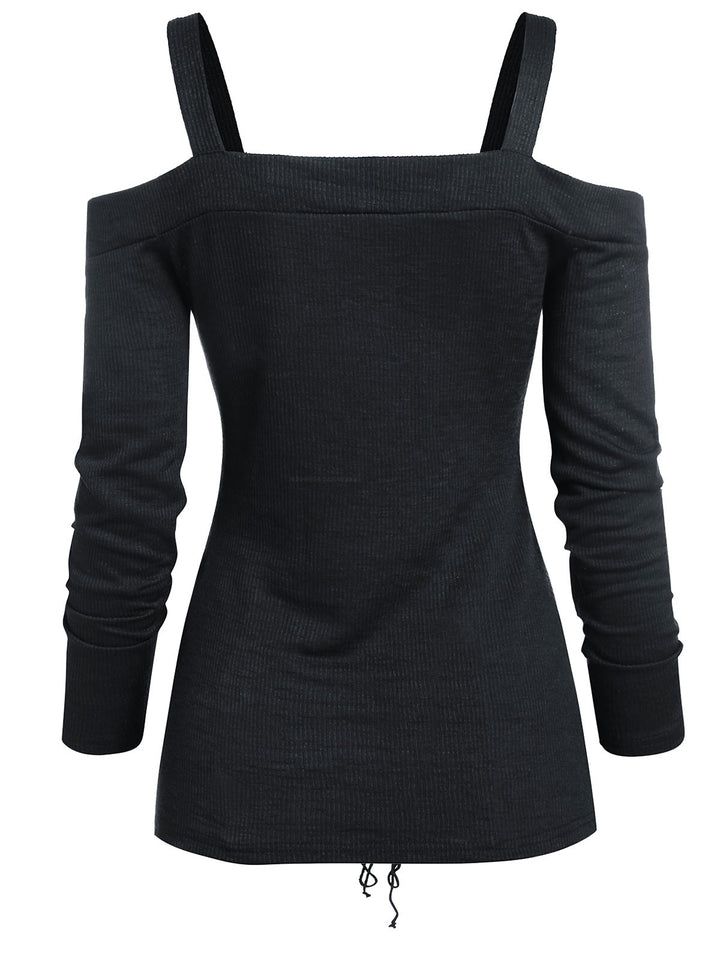 Gothic Cold Shoulder Lace-up Front Ribbed T-shirt