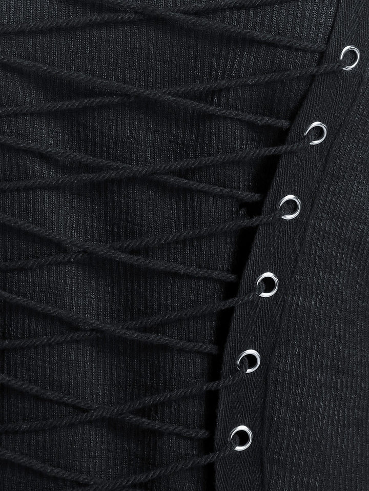 Gothic Cold Shoulder Lace-up Front Ribbed T-shirt