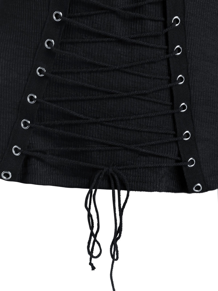 Gothic Cold Shoulder Lace-up Front Ribbed T-shirt