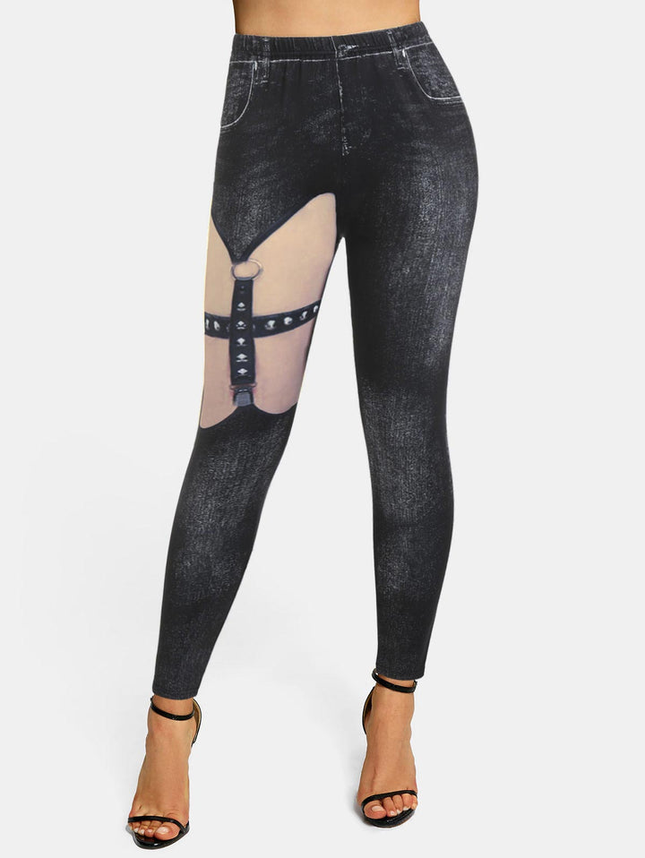 High Waisted O-ring Strap 3D Print Skinny Jeggings