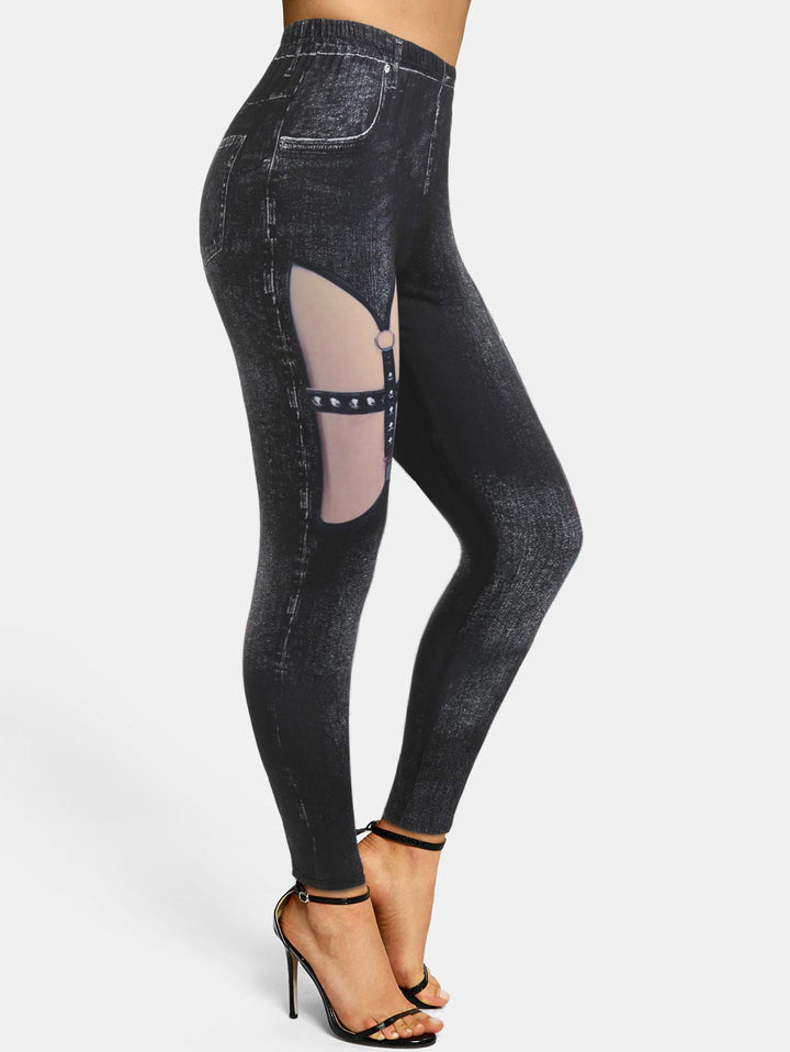 High Waisted O-ring Strap 3D Print Skinny Jeggings