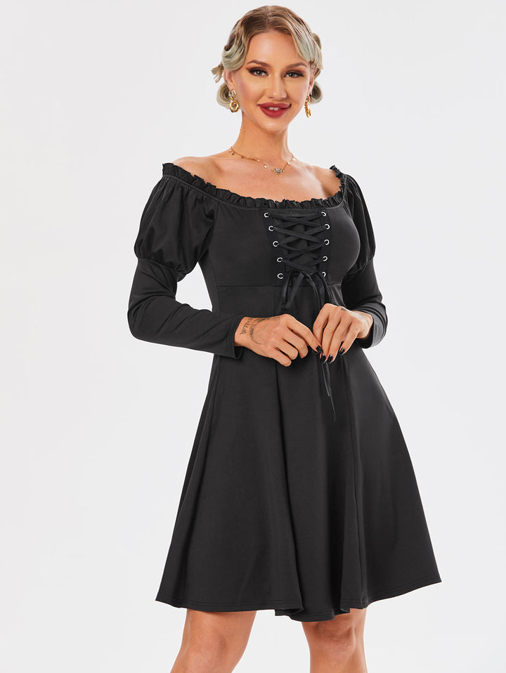 Off The Shoulder Gigot Sleeve Lace Up Dress