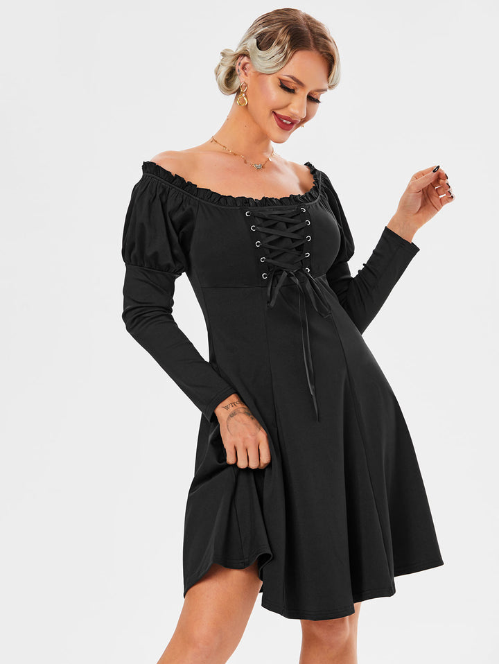 Off The Shoulder Gigot Sleeve Lace Up Dress