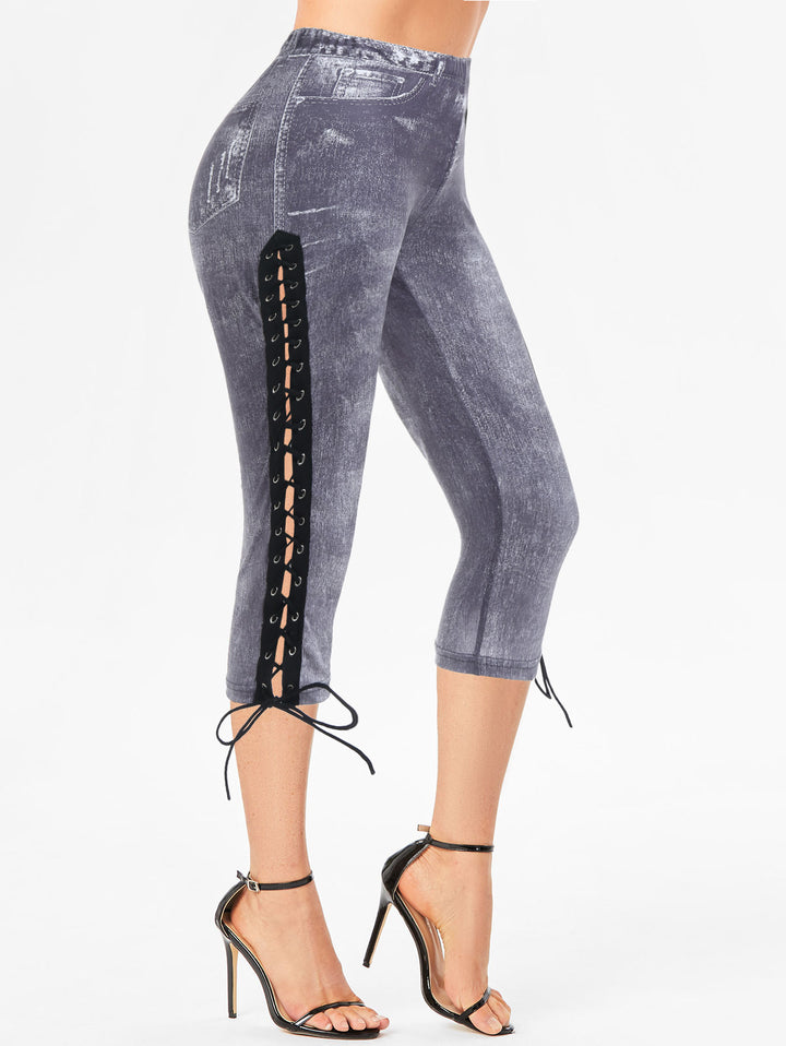 Casual Faux Denim Print Lace Up Hollow Out Capri Jeggings