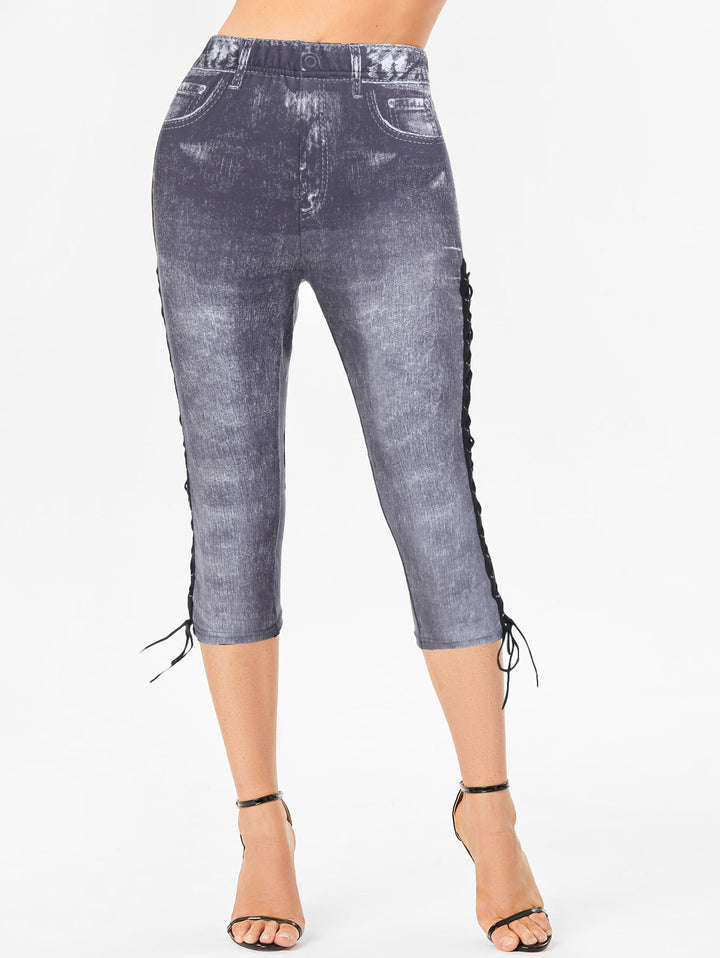 Casual Faux Denim Print Lace Up Hollow Out Capri Jeggings