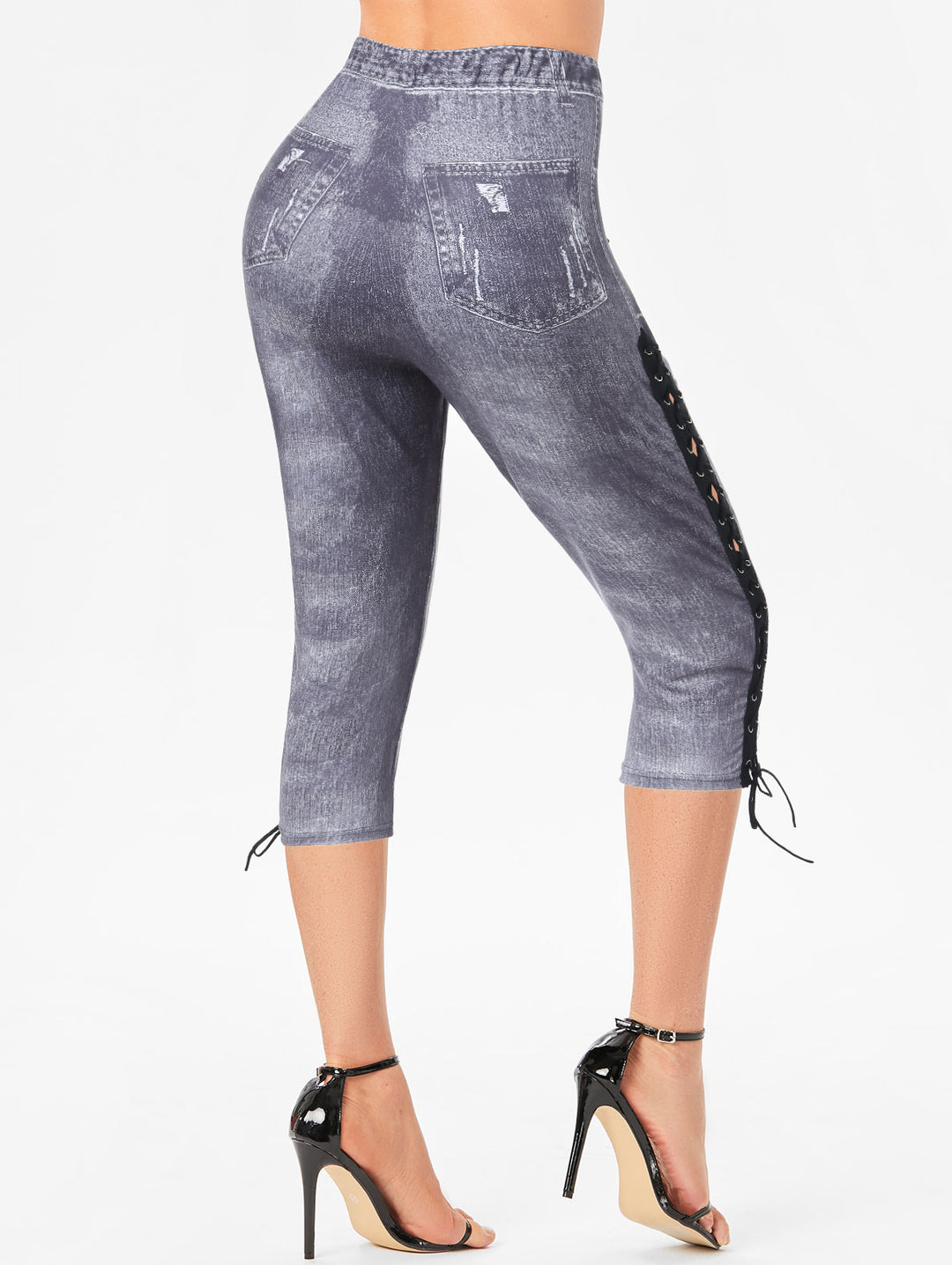 Casual Faux Denim Print Lace Up Hollow Out Capri Jeggings