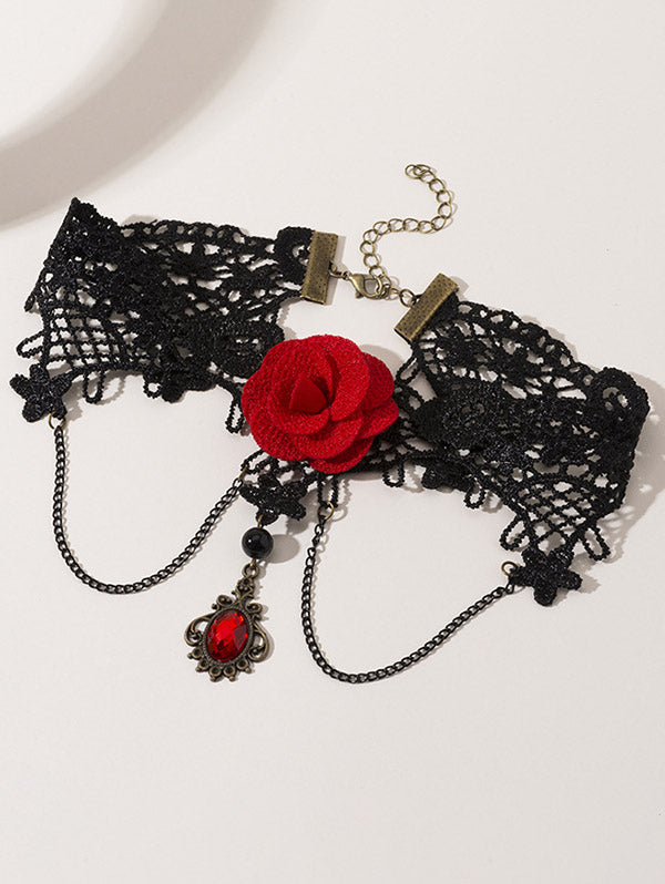 Gothic Rhinestone Waterdrop Rose Flower Lace Choker Necklace