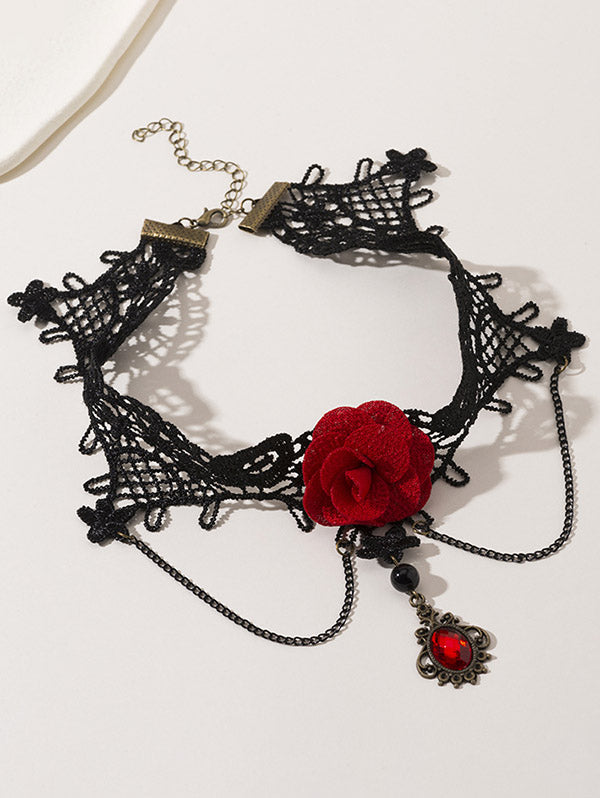 Gothic Rhinestone Waterdrop Rose Flower Lace Choker Necklace