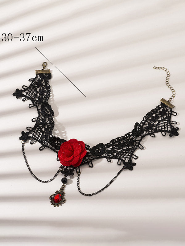 Gothic Rhinestone Waterdrop Rose Flower Lace Choker Necklace