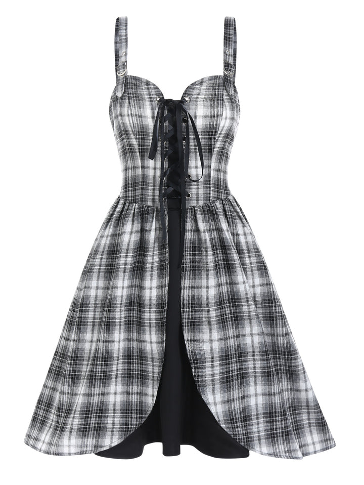 Plaid Print Lace Up Buckle Straps Backless Mini A Line Dress