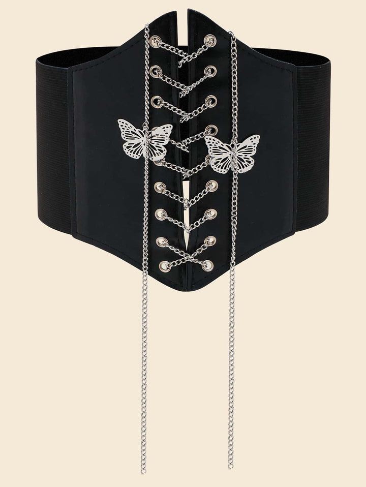 Gothic Butterfly Chain Lace Up Ribbed Elastic Wide Waist Belt