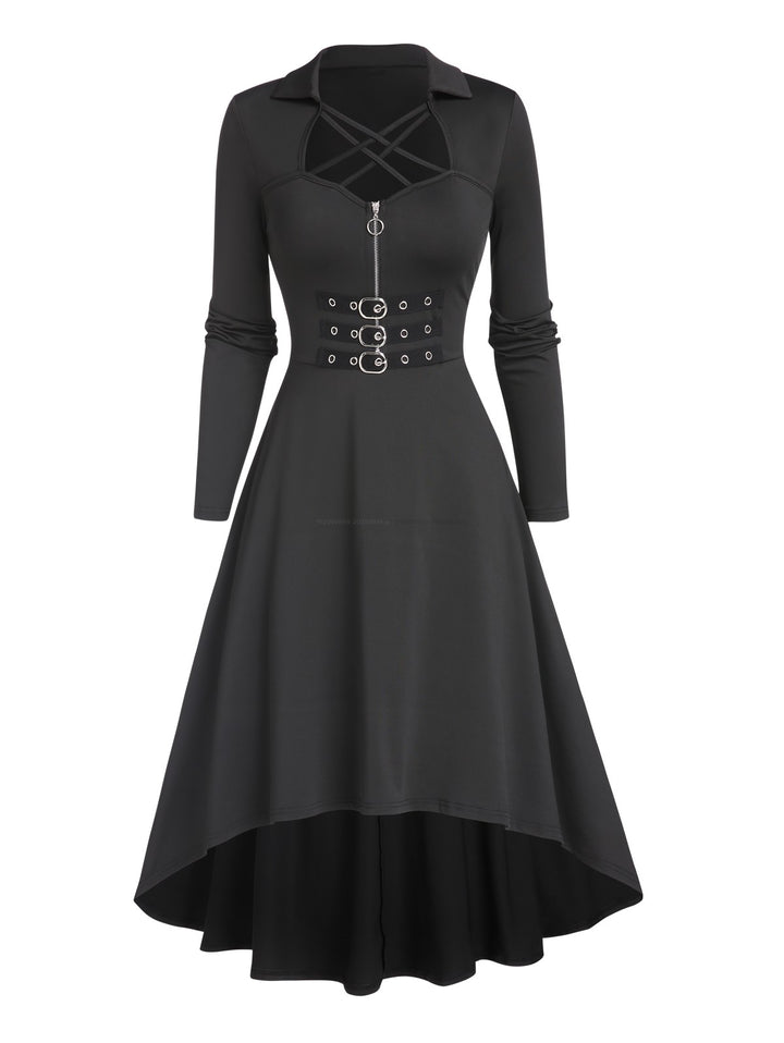 Gothic Crisscross Half Zipper High Waisted Buckle Midi Dress