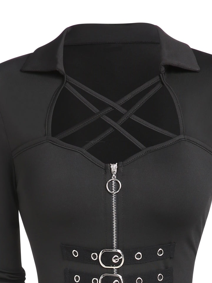 Gothic Crisscross Half Zipper High Waisted Buckle Midi Dress