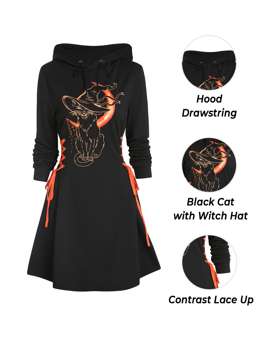 Cat Hat Moon Print Lace Up Long Sleeve A Line Mini Gothic Hoodie Dress