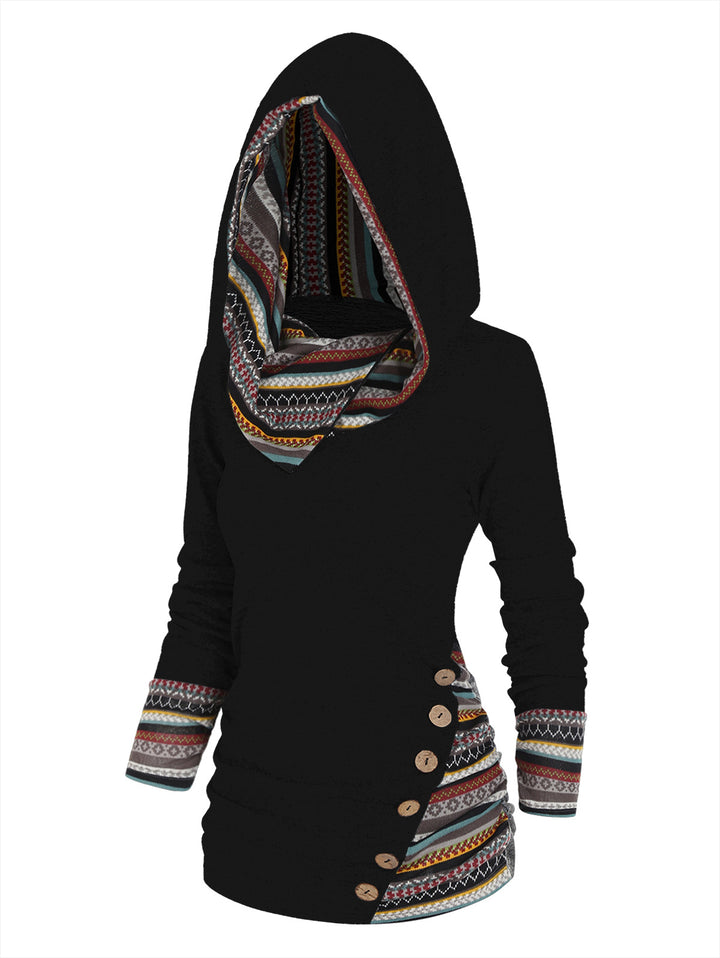 Tribal Geometric Stripe Panel Long Sleeve Hooded Knit Top