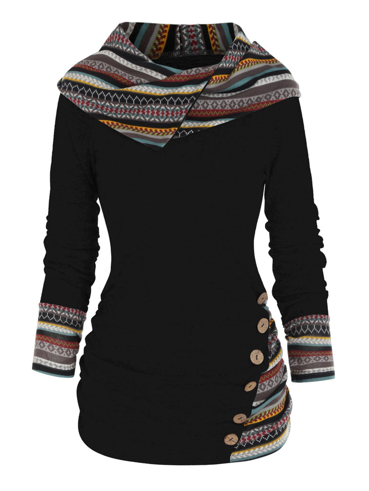 Tribal Geometric Stripe Panel Long Sleeve Hooded Knit Top