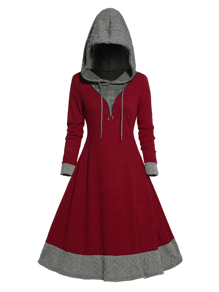 Colorblock Textured Drawstring Hood Long Sleeve Knit Dress