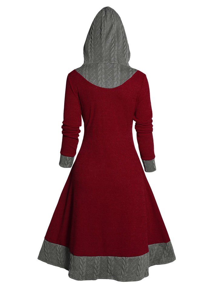 Colorblock Textured Drawstring Hood Long Sleeve Knit Dress