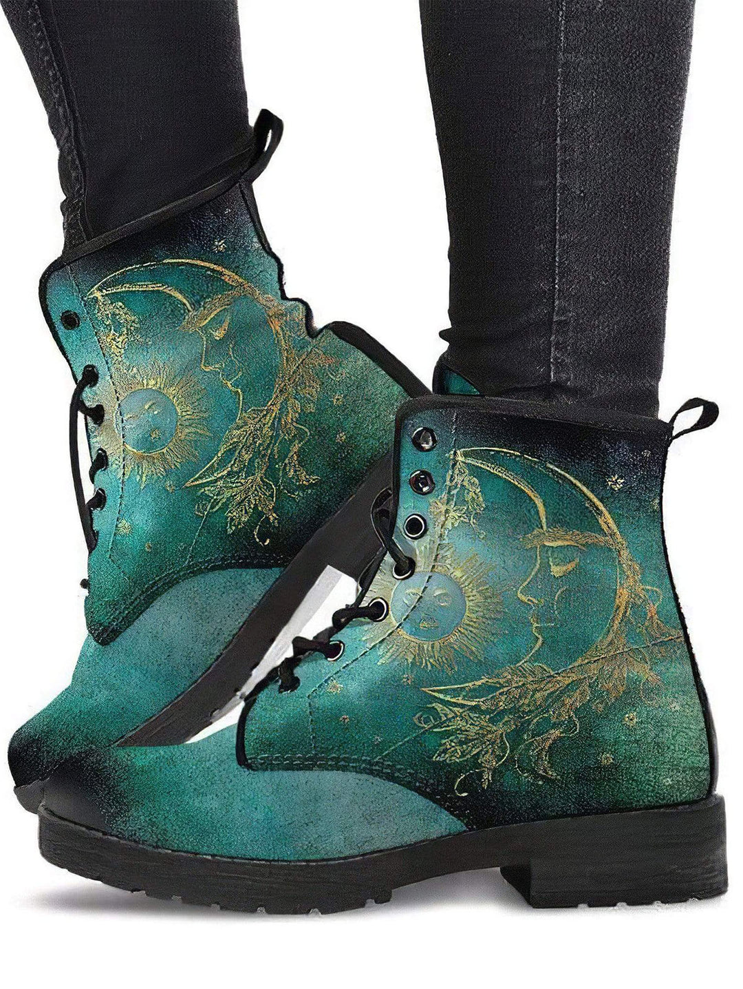 Vintage Matin Thin Boots Sun Moon Pattern Lace Up Thick Heels Retro Boots