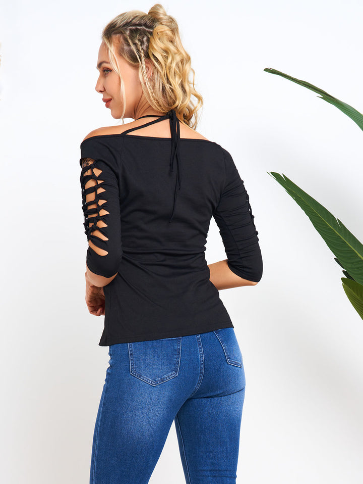 Cut Out Lace Up Half Sleeve Top