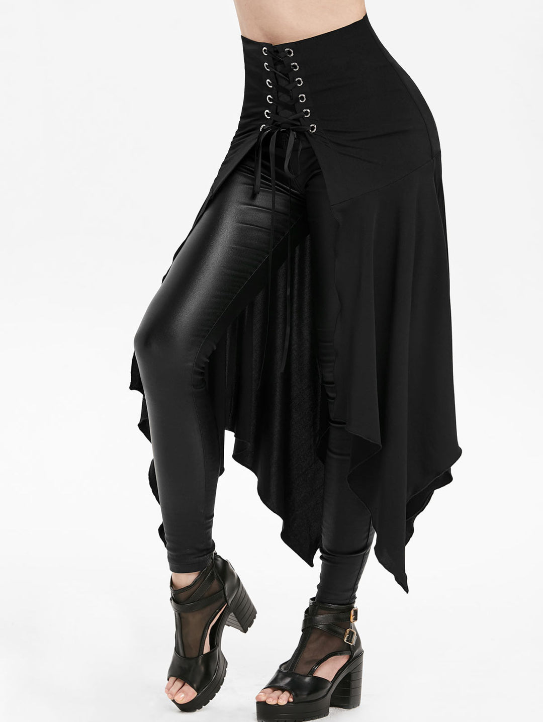 Solid Color Open Front Lace Up Irregular Hem Skirt