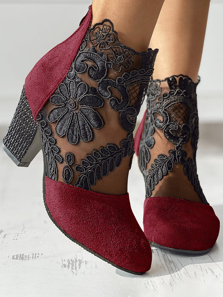 Sheer Lace Flower Chunky Heels Sandals